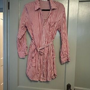Reformation red and white striped long sleeve mini shirt dress size L